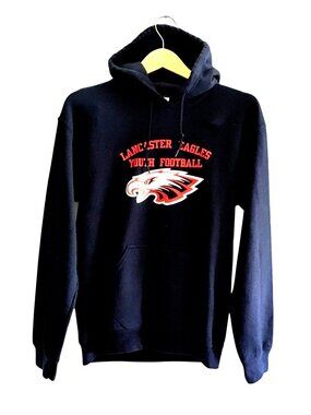 GILDAN- MENS BLUE FRONT & BACK GRAPHIC LONG SLEEVE PULLOVER HOODIE SIZE SMALL